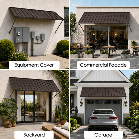 Kozyard brown metal awning for multiple outdoor applications including equipment covers, commercial storefront facades, backyard doors and garage entrances. This durable wall mounted fixed canopy provides sun shade, rain protection and exterior coverage for residential and commercial spaces, making it a versatile outdoor awning solution for windows, doors, patios, utility areas and business entrances.