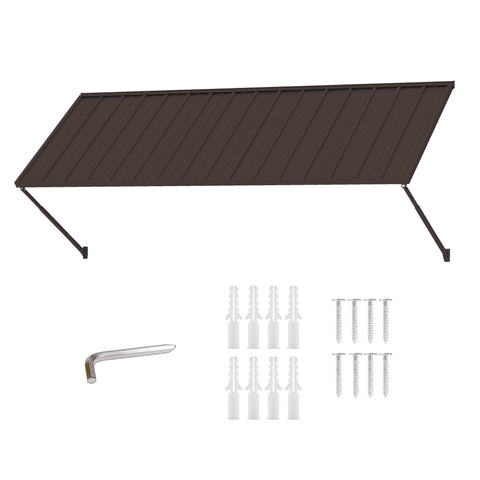 Kozyard brown wall mounted metal awning shown with installation hardware, expansion anchors, screws and assembly tool. This durable fixed outdoor canopy features a wide ribbed metal panel and adjustable support arms for doors, windows, patios, storefronts and commercial entrances. Powder-coated construction provides dependable exterior shade and weather protection for residential and business applications.

