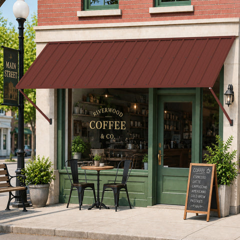 Kozyard 108 inch metal awning provides durable outdoor shade and weather protection for doors, windows, storefronts, cafes and commercial entrances. This brown wall-mounted fixed awning features a modern metal roof panel with sturdy support arms, creating reliable coverage from sun and rain while enhancing exterior curb appeal. Ideal as a commercial awning, door awning, window awning, storefront canopy, patio awning, entrance cover, rain shelter and outdoor sun shade for homes, restaurants and businesses.