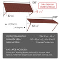 Kozyard 108 x 43 5/16 inch metal window awning dimensions and specifications diagram. Showing 39 sq ft sunshade coverage area, powder-coated iron material, 40 to 70 degree adjustable pitch angle, and complete hardware installation package including support tubes and expansion screws.