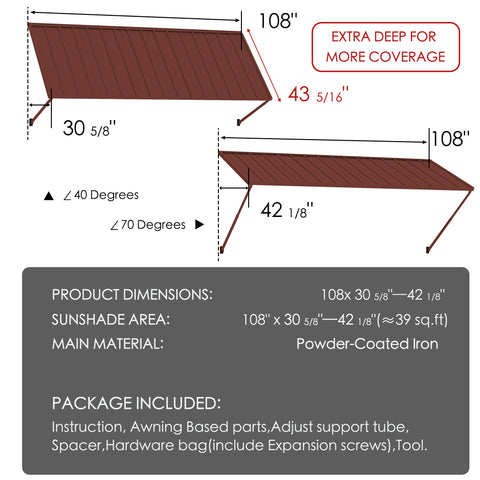 Kozyard 108 x 43 5/16 inch metal window awning dimensions and specifications diagram. Showing 39 sq ft sunshade coverage area, powder-coated iron material, 40 to 70 degree adjustable pitch angle, and complete hardware installation package including support tubes and expansion screws.