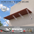 Kozyard metal awning features enhanced center support rods for improved stability, strength and secure wall-mounted performance. The reinforced metal construction helps support the wide awning roof while avoiding common problems associated with brittle plastic structures, weak supports and rust-prone materials. Designed for dependable outdoor use, this heavy duty fixed awning is ideal as a door canopy, window awning, patio awning, storefront cover, commercial awning, rain shelter and exterior sun shade for 
