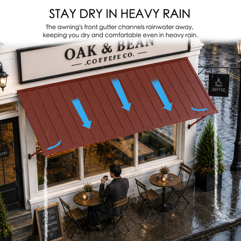 Kozyard outdoor metal awning helps keep entrances, windows and patio areas protected during heavy rain with an integrated front gutter designed to channel rainwater toward the sides. The sloped metal roof promotes efficient water runoff while providing dependable overhead coverage for residential and commercial spaces. Ideal as a rain awning, door canopy, window awning, storefront awning, patio rain cover, entrance shelter, commercial canopy and outdoor sun shade for cafes, restaurants, homes and businesses