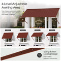 Kozyard metal awning features 4-level adjustable support arms with a convenient spring-button locking design, allowing users to change the awning angle and customize shade coverage for different sun conditions. Press to adjust and release to securely lock the support arms into position. This versatile wall-mounted outdoor awning is ideal as a door awning, window canopy, patio awning, storefront sun shade, commercial awning, entrance cover and adjustable rain shelter for residential and business exterior spa