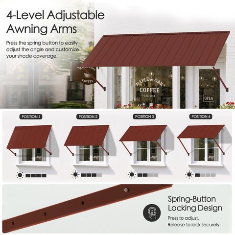 Kozyard metal awning features 4-level adjustable support arms with a convenient spring-button locking design, allowing users to change the awning angle and customize shade coverage for different sun conditions. Press to adjust and release to securely lock the support arms into position. This versatile wall-mounted outdoor awning is ideal as a door awning, window canopy, patio awning, storefront sun shade, commercial awning, entrance cover and adjustable rain shelter for residential and business exterior spa