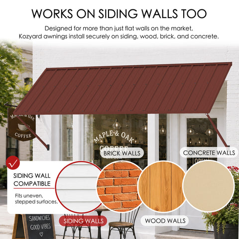 Kozyard metal awning for siding walls, brick walls, wood walls and concrete walls, durable outdoor door and window awning with support arms for storefronts, patios and entryways. Kozyard awning is designed for secure installation on uneven stepped siding and multiple exterior wall surfaces, providing stylish rain and sun protection for residential and commercial outdoor spaces.
