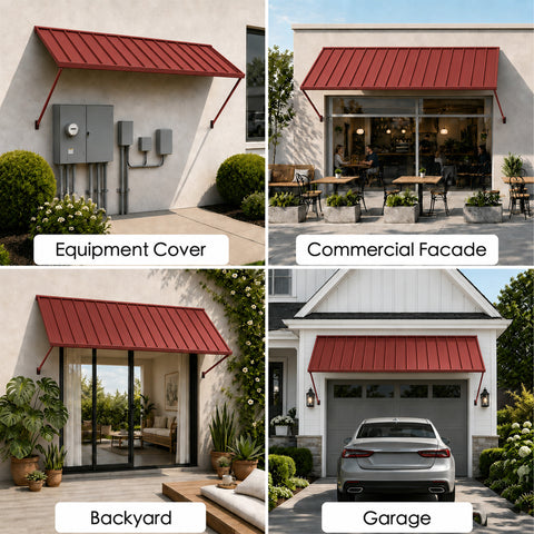 Kozyard metal awning offers versatile outdoor protection for residential and commercial applications including equipment covers, storefront facades, backyard doors, windows and garage entrances. The wall-mounted metal canopy provides practical shade and weather coverage while adding a clean architectural look to exterior spaces. Ideal as an equipment awning, commercial storefront awning, garage awning, backyard canopy, door awning, window awning, patio cover, rain shelter, entrance canopy and outdoor sun sh