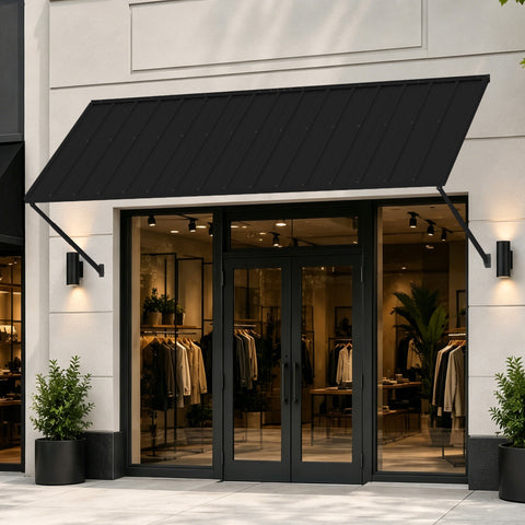 Kozyard 108-inch black metal door awning mounted over a modern storefront entry. High-performance outdoor window canopy and patio door shelter designed for residential and commercial exterior applications. Features a heavy-duty powder-coated iron structure that provides stylish sun protection, rain shelter, and all-weather resistance. Perfect for upgrading home curb appeal, shop front door awnings, coffee shop facades, and outdoor entryway protection.
