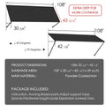 Kozyard 108 x 43 5/16 inch metal window awning dimensions and specifications diagram. Showing 39 sq ft sunshade coverage area, powder-coated iron material, 40 to 70 degree adjustable pitch angle, and complete hardware installation package including support tubes and expansion screws.