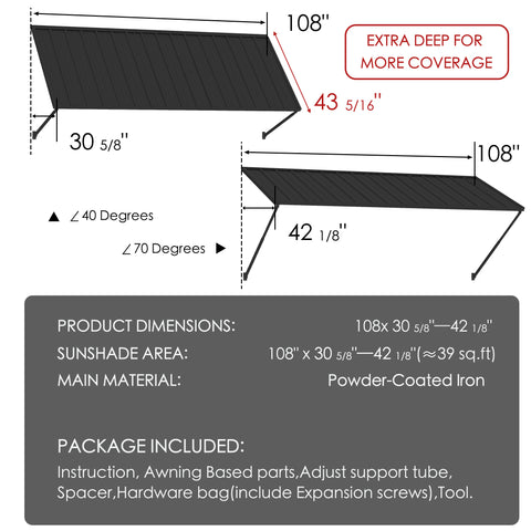 Kozyard 108 x 43 5/16 inch metal window awning dimensions and specifications diagram. Showing 39 sq ft sunshade coverage area, powder-coated iron material, 40 to 70 degree adjustable pitch angle, and complete hardware installation package including support tubes and expansion screws.