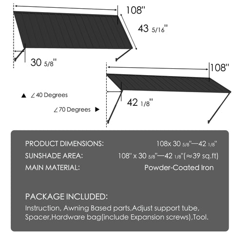Kozyard Adjustable Window Awning – 4-Level Angle Adjustment, Powder-Coated Iron Door Canopy, All-Weather Rain, Snow & UV Protection
