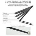 kozyard adjustable door window awning outdoor canopy, features 4-level angle adjustment with ball detent locking design for flexible sunshade control, durable wall-mounted awning constructed from powder-coated iron support arms and weather-resistant canopy panel