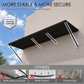 Detailed dimension diagram and specifications for Kozyard 108" black metal door awning. Displays 108" width, 43 5/16" and 42 1/8" adjustable projection depth, and 40 to 70-degree angle versatility covering 39 sq. ft. Built with durable powder-coated iron material. Includes complete installation hardware package, expansion anchors, stainless steel screws, support tubes, and instruction manual for seamless window canopy setup.