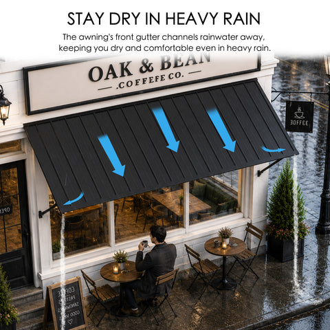 Kozyard black metal front door awning in action during heavy rain outside a coffee shop. Features an integrated front gutter drainage system that efficiently redirects rainwater to both sides, keeping entrance doorways dry and sheltered. Excellent water-channeling awning solution for storefronts, patio sliding doors, exterior windows, and residential front doors during storms.