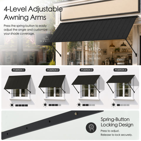 Kozyard adjustable metal canopy featuring a 4-level spring-button locking arm design. Demonstrates four flexible tilt angle positions over a window to customize shade coverage and UV protection throughout the day. Easy-to-adjust push-button mechanism ensures quick angle positioning and secure locking for optimized sunlight obstruction and rain protection on any exterior building wall.