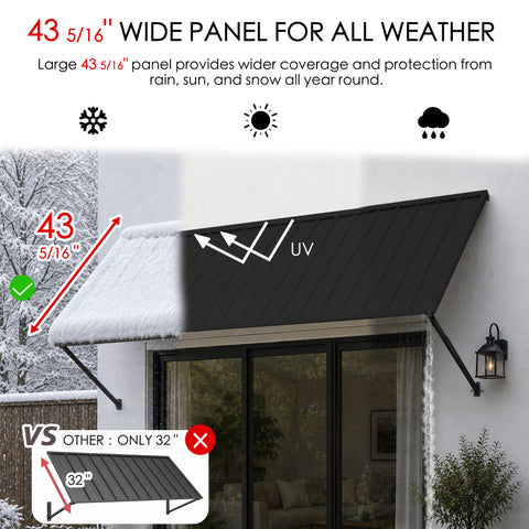 Kozyard all-weather black metal awning featuring an extra-wide 43 5/16" canopy panel for maximum outdoor coverage. Visual comparison shows Kozyard's superior sun shade, snow load durability, and UV protection compared to standard 32" window awnings. Ideal heavy-duty weather shield for sliding glass doors, garage entries, and residential windows against harsh winter snow and hot summer sun.