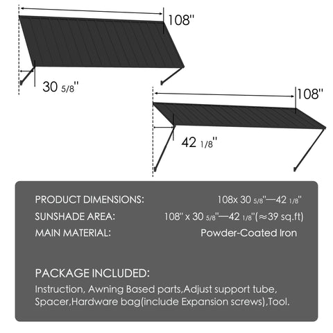 Kozyard Window Awning (108”x413/8”) - Powder-Coated Iron Exterior Canopy (13 Sq Ft Sunshade), Includes Hardware/Tools for Outdoor Patio/Window Shelter
