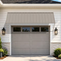 Kozyard 108 inch modern beige metal door awning and window canopy installed over residential garage entrance. Heavy duty metal awning overhang canopy provides stylish exterior door shade, UV sun protection, and curb appeal for house exterior facade, patio door, or garage door protection.