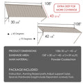Kozyard 108 x 43 5/16 inch metal window awning dimensions and specifications diagram. Showing 39 sq ft sunshade coverage area, powder-coated iron material, 40 to 70 degree adjustable pitch angle, and complete hardware installation package including support tubes and expansion screws.