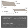 Kozyard 108 x 43 5/16 inch metal window awning dimensions and specifications diagram. Showing 39 sq ft sunshade coverage area, powder-coated iron material, 40 to 70 degree adjustable pitch angle, and complete hardware installation package including support tubes and expansion screws.
