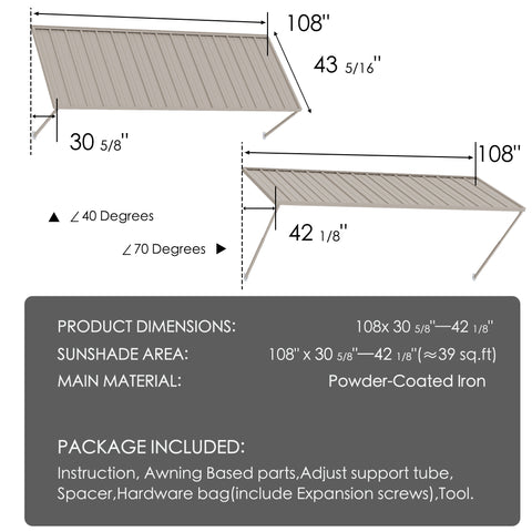 Kozyard 108 x 43 5/16 inch metal window awning dimensions and specifications diagram. Showing 39 sq ft sunshade coverage area, powder-coated iron material, 40 to 70 degree adjustable pitch angle, and complete hardware installation package including support tubes and expansion screws.