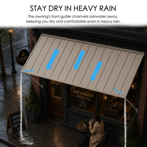 Kozyard waterproof metal awning with built-in front gutter system demonstrating rainwater drainage in heavy rain over commercial coffee shop front entrance. Durable all-weather rain canopy shield keeps patio doors, storefronts, and outdoor sitting areas completely dry and comfortable.