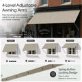 Kozyard 4-level adjustable awning arms with spring-button locking mechanism allowing easy shade coverage customization across 4 tilt positions. Versatile metal window canopy shade system for controlling sunlight, UV exposure, and weather protection on residential or store windows.