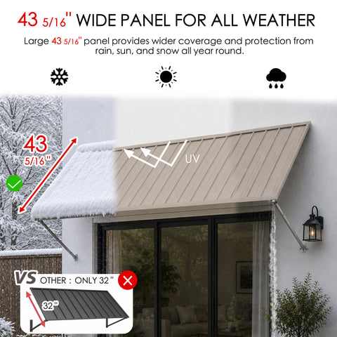 Kozyard 43 5/16 inch extra wide panel metal window awning offering all-weather protection against heavy snow load, UV sun rays, and pouring rain. Comparison demonstrating wider 43-inch coverage protection versus standard 32-inch narrow window rain awnings for superior home shelter.