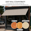 Kozyard 43 5/16 inch extra wide panel metal window awning offering all-weather protection against heavy snow load, UV sun rays, and pouring rain. Comparison demonstrating wider 43-inch coverage protection versus standard 32-inch narrow window rain awnings for superior home shelter.