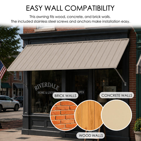 Kozyard 43 5/16 inch extra wide panel metal window awning offering all-weather protection against heavy snow load, UV sun rays, and pouring rain. Comparison demonstrating wider 43-inch coverage protection versus standard 32-inch narrow window rain awnings for superior home shelter.