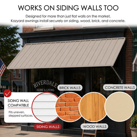 Kozyard metal awning for siding walls, brick walls, wood walls and concrete walls, durable outdoor door and window awning with support arms for storefronts, patios and entryways. Kozyard awning is designed for secure installation on uneven stepped siding and multiple exterior wall surfaces, providing stylish rain and sun protection for residential and commercial outdoor spaces.
