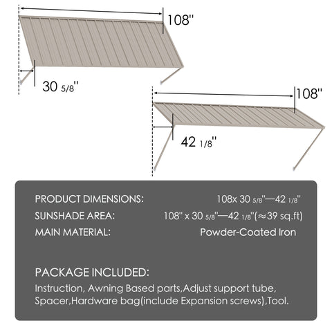 Kozyard Window Awning (108”x413/8”) - Powder-Coated Iron Exterior Canopy (13 Sq Ft Sunshade), Includes Hardware/Tools for Outdoor Patio/Window Shelter
