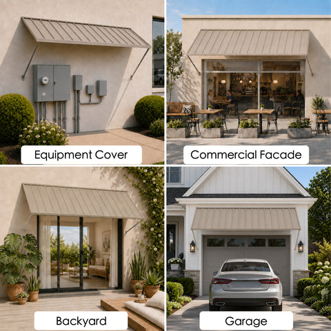 Kozyard multi-purpose metal awning applications including outdoor electrical equipment cover, commercial storefront facade rain shade, backyard patio sliding glass door canopy, and residential home garage door shelter for versatile all-weather exterior wall mounting.
