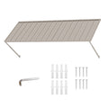 Kozyard 108-inch beige powder-coated metal window awning kit isolated product view with included installation hardware, stainless steel expansion screws, heavy-duty wall anchors, and hex wrench tool for complete DIY exterior canopy assembly and mounting setup.