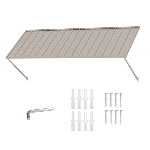 Kozyard 108-inch beige powder-coated metal window awning kit isolated product view with included installation hardware, stainless steel expansion screws, heavy-duty wall anchors, and hex wrench tool for complete DIY exterior canopy assembly and mounting setup.