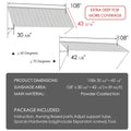 Kozyard 108 inch metal awning dimension guide showing a 9 FT wide outdoor canopy with adjustable projection from 30 5/8 to 42 1/8 inches and an extended 43 5/16 inch roof panel. The powder coated iron construction provides durable exterior coverage for doors and windows. Ideal for wall mounted metal awnings, outdoor rain canopies, storefront entrance covers, patio shade awnings, and residential window protection.