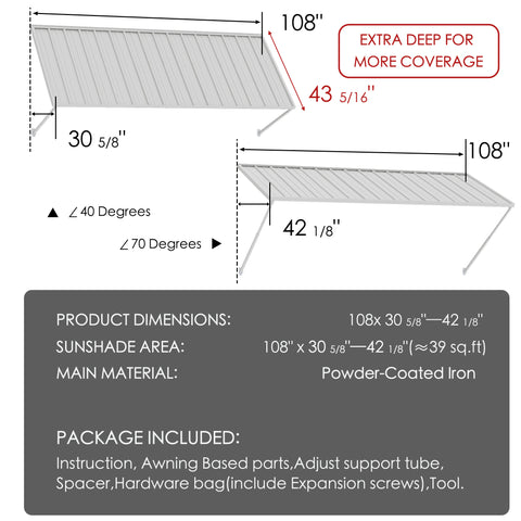 Kozyard 108 inch metal awning dimension guide showing a 9 FT wide outdoor canopy with adjustable projection from 30 5/8 to 42 1/8 inches and an extended 43 5/16 inch roof panel. The powder coated iron construction provides durable exterior coverage for doors and windows. Ideal for wall mounted metal awnings, outdoor rain canopies, storefront entrance covers, patio shade awnings, and residential window protection.