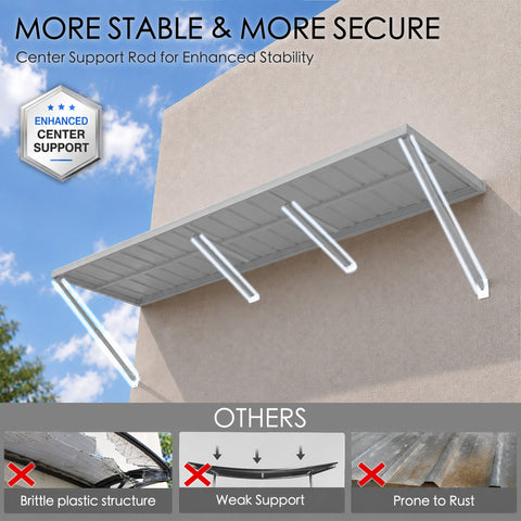 Kozyard heavy duty metal awning features reinforced center support rods and sturdy wall mounted brackets for enhanced structural stability. The durable metal roof panel and multiple support arms help maintain reliable overhead coverage above exterior doors and windows. Designed for outdoor door canopies, commercial storefront awnings, residential window shades, patio rain shelters, and long lasting metal entrance awning installations.