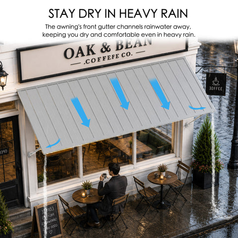 Kozyard outdoor metal awning features an integrated front rain gutter that channels water away from the covered entrance during rainfall. The sloped metal roof helps direct rainwater toward the front edge, providing overhead shelter for storefront windows, cafe entrances, and outdoor seating areas. Ideal for rain protection door awnings, commercial metal canopies, restaurant storefront covers, window awnings, and exterior entrance shelters.