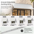Kozyard adjustable metal awning features four positioning levels with spring button locking support arms for customized shade coverage. The wall mounted outdoor canopy allows users to adjust the roof angle to suit different sunlight conditions and exterior installation needs. Ideal for adjustable window awnings, metal door canopies, outdoor sun shades, storefront entrance covers, patio awnings, and residential rain protection.