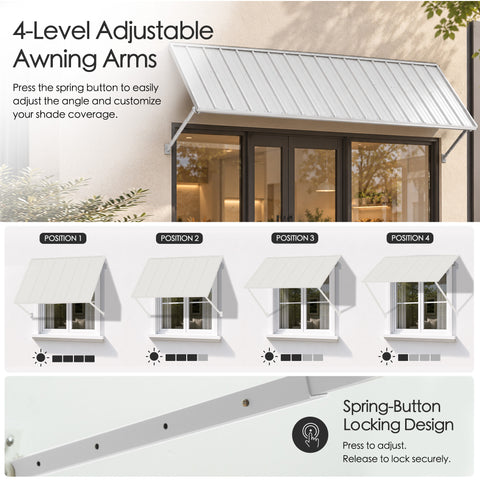 Kozyard adjustable metal awning features four positioning levels with spring button locking support arms for customized shade coverage. The wall mounted outdoor canopy allows users to adjust the roof angle to suit different sunlight conditions and exterior installation needs. Ideal for adjustable window awnings, metal door canopies, outdoor sun shades, storefront entrance covers, patio awnings, and residential rain protection.
