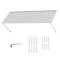 Kozyard 108 inch outdoor metal awning shown with a sloped roof panel, adjustable support arms, wall mounting brackets, expansion anchors, screws, and installation tool. This 9 FT wall mounted metal canopy is designed for exterior door and window coverage with durable roof construction. Ideal for outdoor door awnings, commercial storefront canopies, patio sun shades, window rain covers, and residential entrance protection.