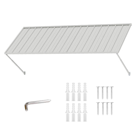 Kozyard 108 inch outdoor metal awning shown with a sloped roof panel, adjustable support arms, wall mounting brackets, expansion anchors, screws, and installation tool. This 9 FT wall mounted metal canopy is designed for exterior door and window coverage with durable roof construction. Ideal for outdoor door awnings, commercial storefront canopies, patio sun shades, window rain covers, and residential entrance protection.