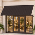 Kozyard 9 FT metal awning installed above a coffee shop entrance, providing outdoor sun shade and rain protection for storefront windows and doors. This wall mounted outdoor canopy features a durable metal roof panel, adjustable support arms, and a modern sloped design. Ideal for commercial storefront awnings, restaurant entrance canopies, cafe patio covers, residential door awnings, and exterior window shade protection.