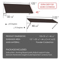 Kozyard 122 inch metal awning dimensions showing a 10 FT wide outdoor canopy with adjustable projection from 32 7/8 to 46 5/8 inches and an extra deep 48 inch roof panel. Powder coated iron construction provides durable exterior coverage for doors and windows. Ideal for wall mounted metal awnings, outdoor rain canopies, commercial storefront awnings, patio sun shades, and residential entrance protection.