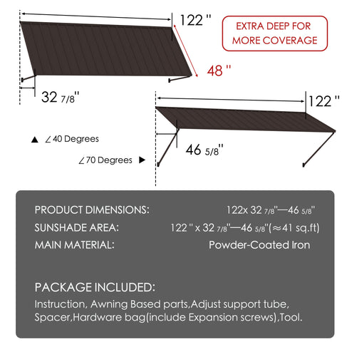 Kozyard 122 inch metal awning dimensions showing a 10 FT wide outdoor canopy with adjustable projection from 32 7/8 to 46 5/8 inches and an extra deep 48 inch roof panel. Powder coated iron construction provides durable exterior coverage for doors and windows. Ideal for wall mounted metal awnings, outdoor rain canopies, commercial storefront awnings, patio sun shades, and residential entrance protection.