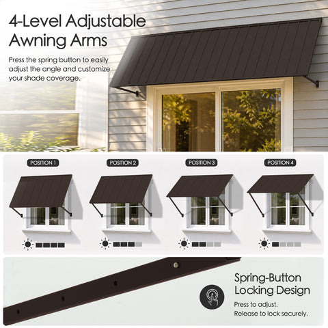 Kozyard outdoor metal awning features an integrated front rain gutter that channels water away from the covered entrance during rainfall. The sloped metal roof helps direct rainwater toward the front edge, providing overhead shelter for storefront windows, cafe entrances, and outdoor seating areas. Ideal for rain protection door awnings, commercial metal canopies, restaurant storefront covers, window awnings, and exterior entrance shelters.