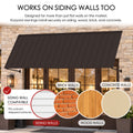Kozyard wall mounted metal awning designed for installation on compatible siding, wood, brick, and concrete wall surfaces with appropriate mounting hardware. The sturdy outdoor canopy provides overhead coverage for doors, windows, storefronts, and residential entrances. Ideal for siding compatible door awnings, exterior metal window canopies, commercial storefront awnings, patio sun shades, and outdoor rain protection.