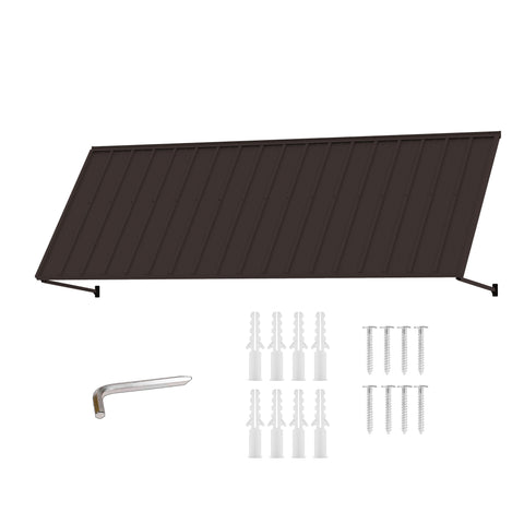 Kozyard 122 inch outdoor metal awning shown with a sloped roof panel, adjustable support arms, wall mounting brackets, expansion anchors, screws, and installation tool. This 9 FT wall mounted metal canopy is designed for exterior door and window coverage with durable roof construction. Ideal for outdoor door awnings, commercial storefront canopies, patio sun shades, window rain covers, and residential entrance protection.