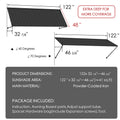 Kozyard 122 inch metal awning dimensions showing a 10 FT wide outdoor canopy with adjustable projection from 32 7/8 to 46 5/8 inches and an extra deep 48 inch roof panel. Powder coated iron construction provides durable exterior coverage for doors and windows. Ideal for wall mounted metal awnings, outdoor rain canopies, commercial storefront awnings, patio sun shades, and residential entrance protection.